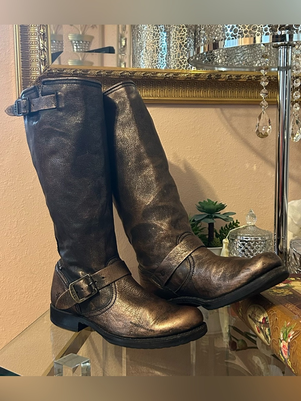 ** RARE Frye Engineer Metallic Bronze Brown Leather Riding Moto Boots Size 9.5